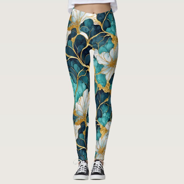 Leggings Floral Turquoise or bleu japonais (Devant)
