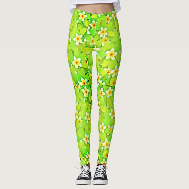 Leggings Floral Vert Feuille Fleurs Jaunes Motif-61717 (Devant)