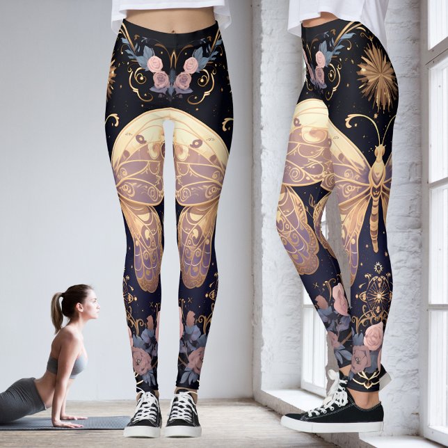 Leggings Floral Violet rose papillon jaune Yoga (Floral Purple Pink Yellow Butterfly Yoga  Leggings)