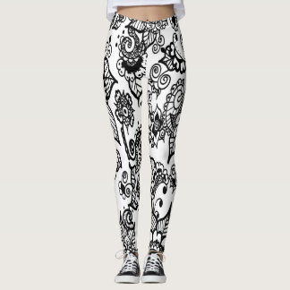 Leggings florale inspirée du henné blanc et noir