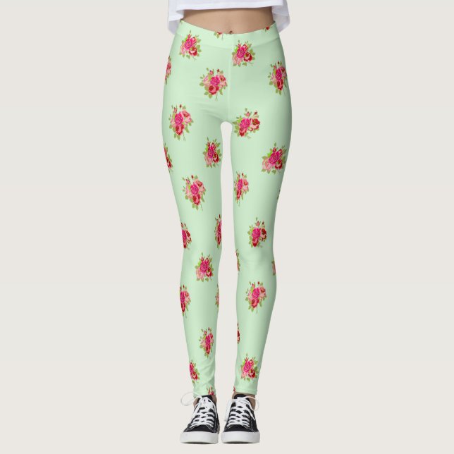 Leggings Floraux Femmes Rosebuds Vert et Rose (Devant)