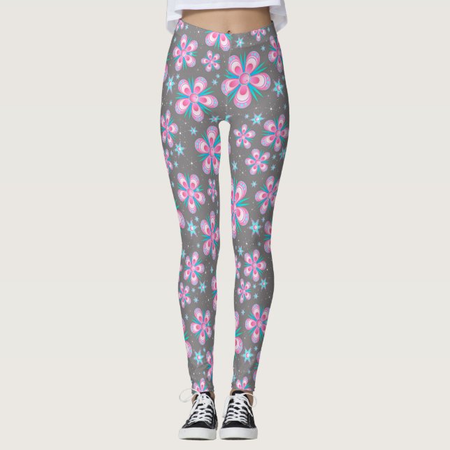 Leggings floraux géométriques roses et gris (Devant)