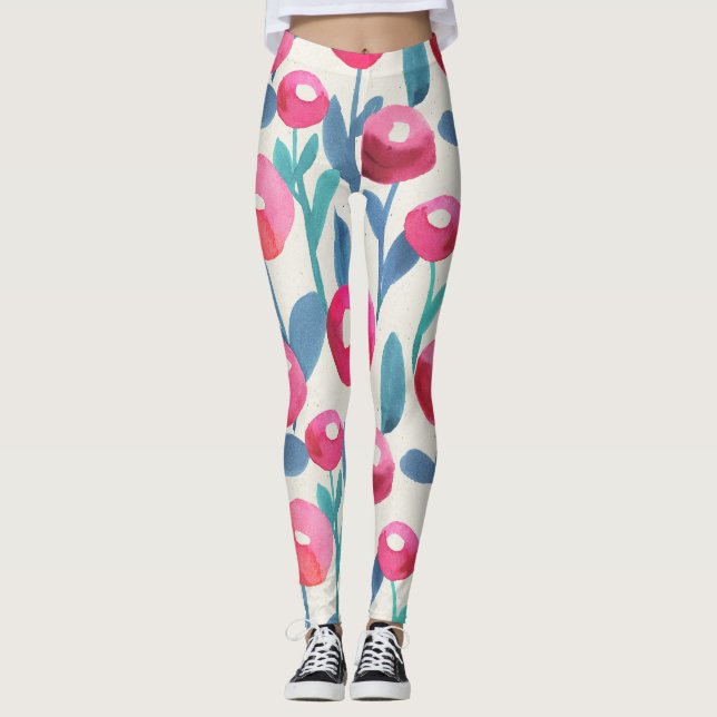 Leggings Floraux illustrés à la main : texture aquarelle. (Devant)