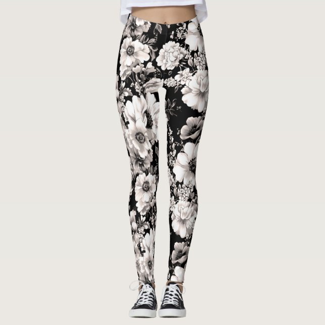 Leggings floraux noirs et blancs (Devant)