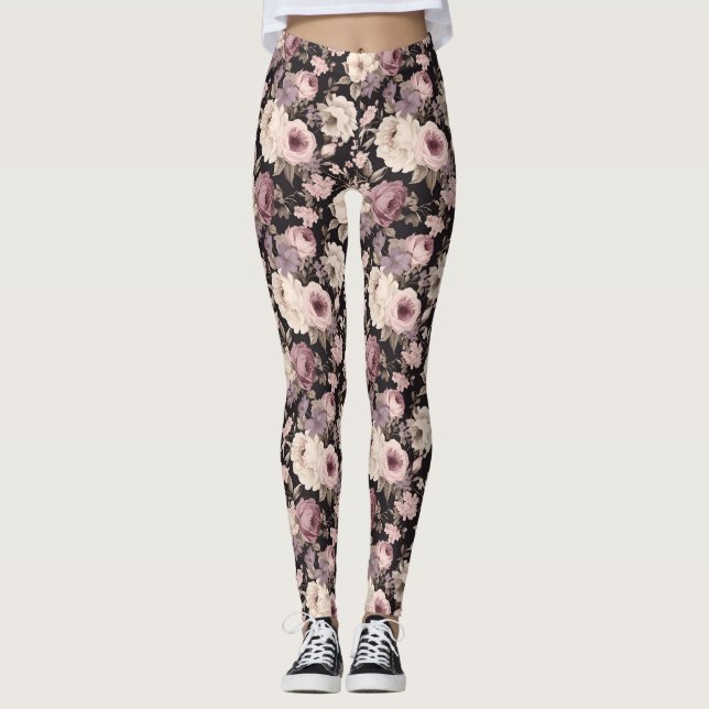 Leggings floraux roses et beiges noires (Devant)
