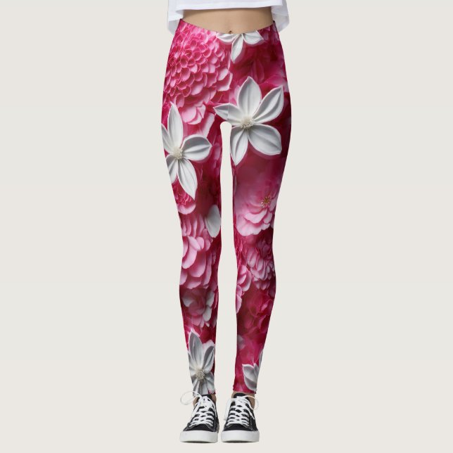 Leggings floraux roses et blancs chauds : Élégance (Devant)