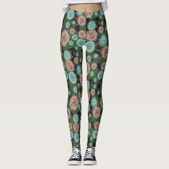 Leggings floraux sarcelle et rose (Devant)