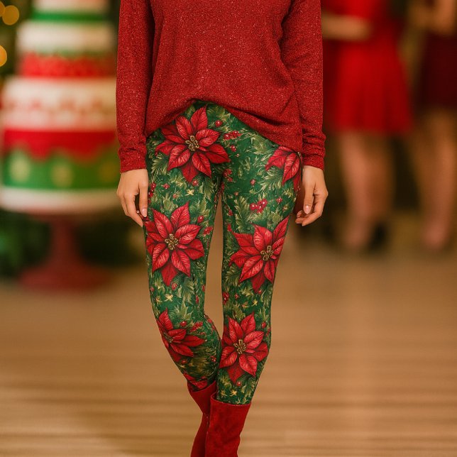 Leggings Floraux Vert Rouge Noël Poinsettia (Holiday sparkle meets floral flair styled for joy, comfort, and festive gatherings.)