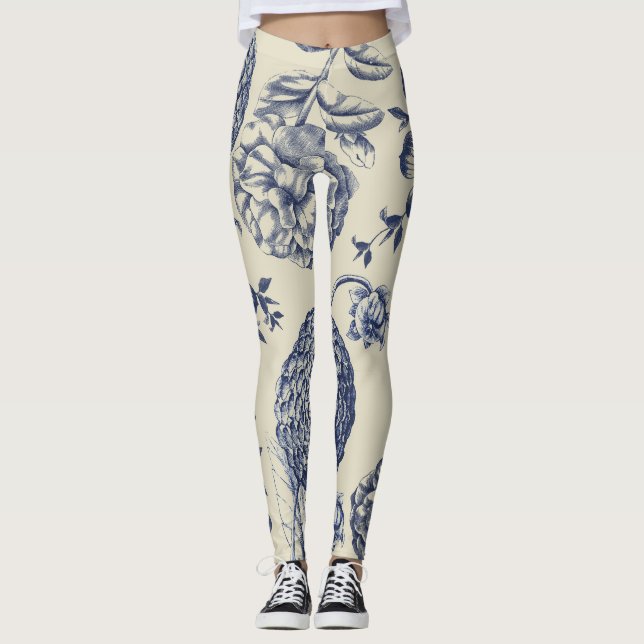 Leggings Flore d'impression florale de fleurs bleues antiqu (Devant)