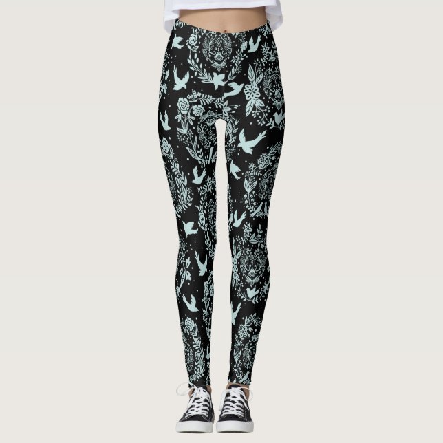 Leggings Flore et oiseaux verts noirs et à la menthe (Devant)