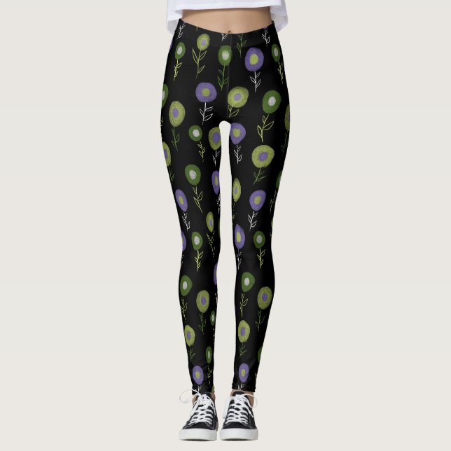 Leggings Flore foncée - Fleurs rondes violettes vertes (Devant)