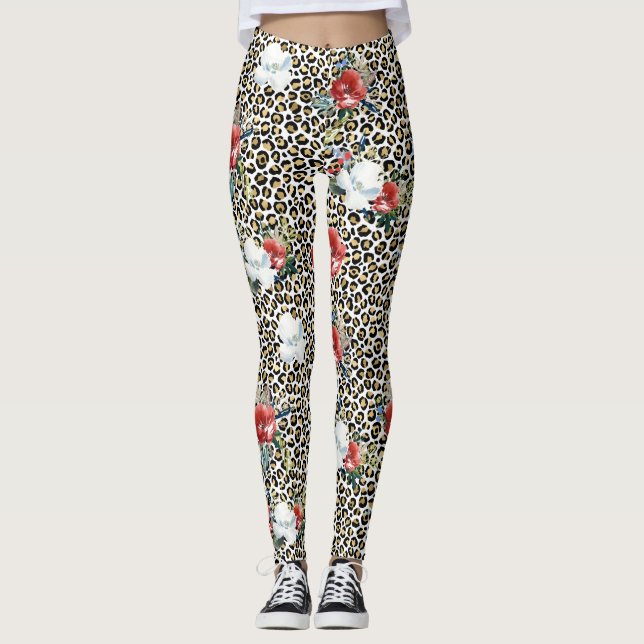 Leggings Flore rouge blanc Empreinte de léopard d'or (Devant)