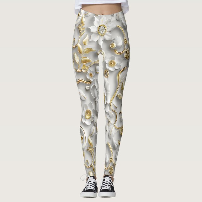 Leggings Flore stylisée blanc avec métal or (Devant)
