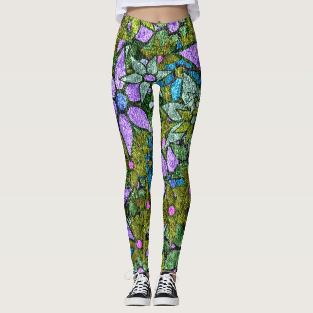 Leggings Flore verte à la menthe violette (Devant)