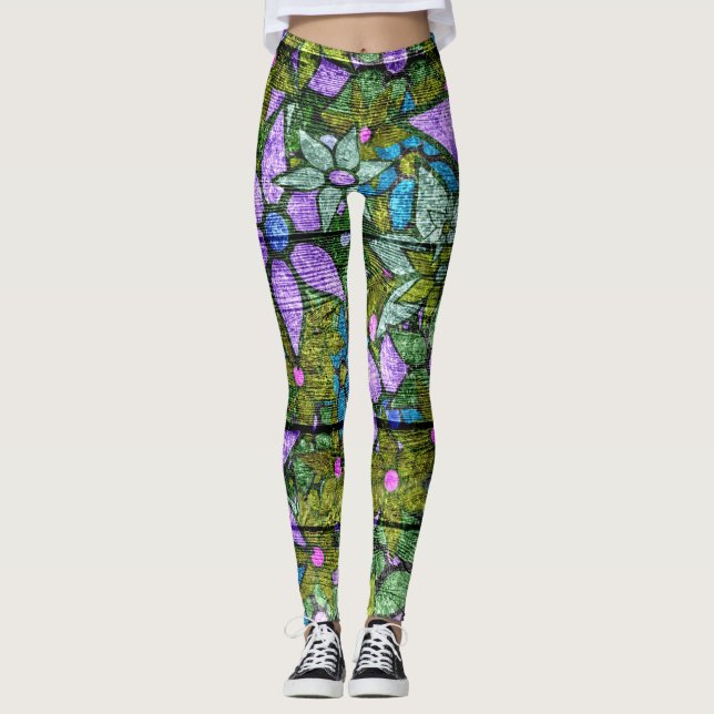 Leggings Flore verte à la menthe violette #2 (Devant)