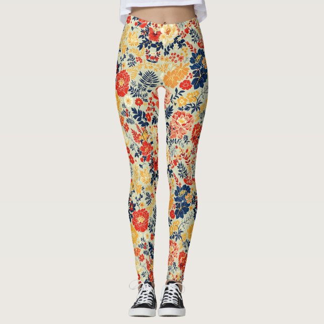 Leggings Flore vive rouge, jaune et bleu sur blanc (Devant)