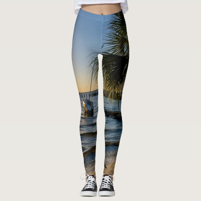 Leggings Floride Palmier penché couché de soleil (Devant)