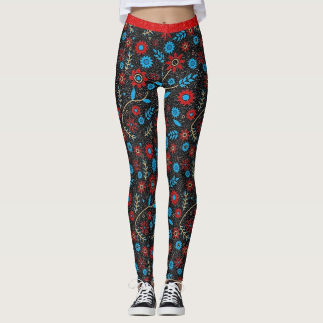 Leggings Flower Chic Motif Rouge or Bleu Parties scintillan (Devant)