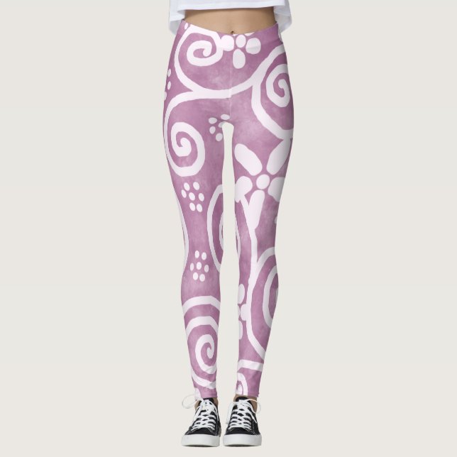 Leggings Flowers Swirls Dusty Pink White Pattern Whimsical (Devant)