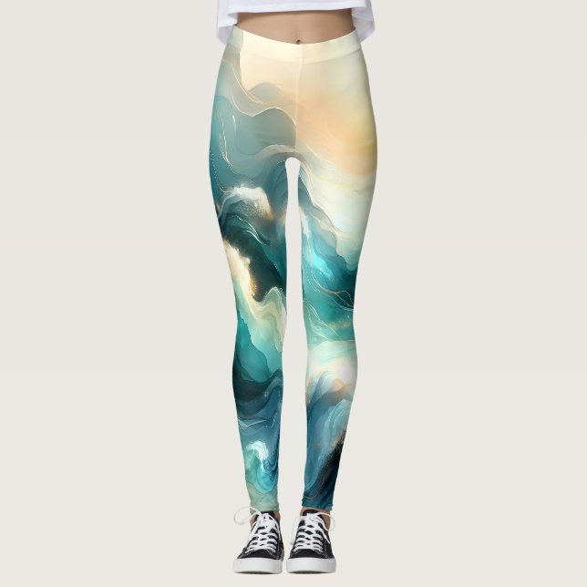 Leggings Flux d'océan doré Vagues abstraites (Devant)