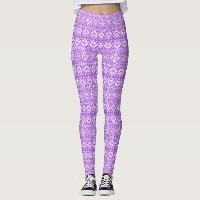 Leggings Foire de Noël violet et blanc Motif Isle (Devant)