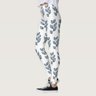 Leggings Foliage d'aquarelle bleu et blanc moderne