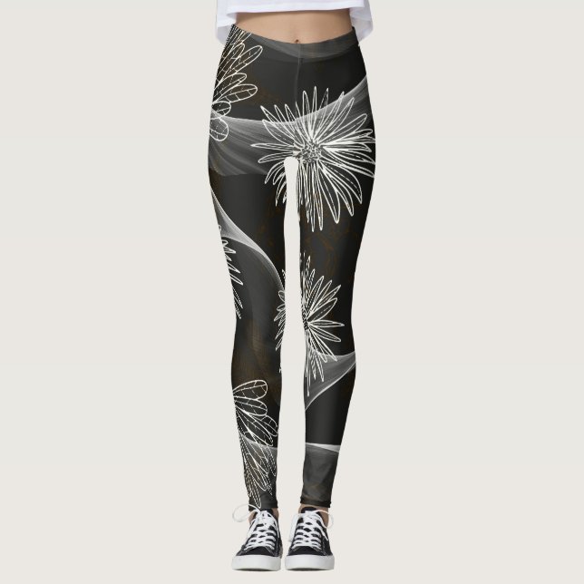 Leggings foncés avec de grandes fleurs blanches et (Devant)