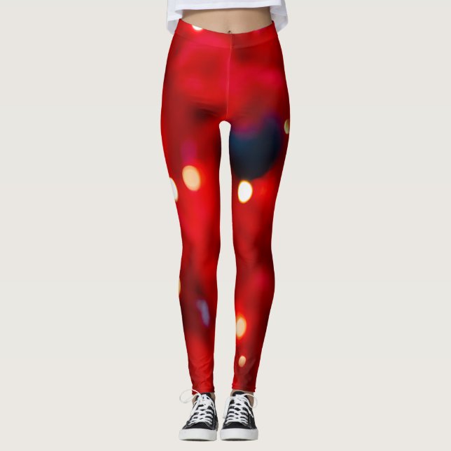 Leggings Fond Abstrait de Noël Rouge Bokeh (Devant)