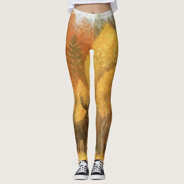 Leggings Forêt d'automne, cerf numérique et renard. (Devant)