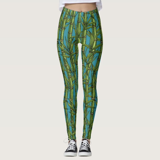 Leggings Forêt de bambou sur bleu (Devant)