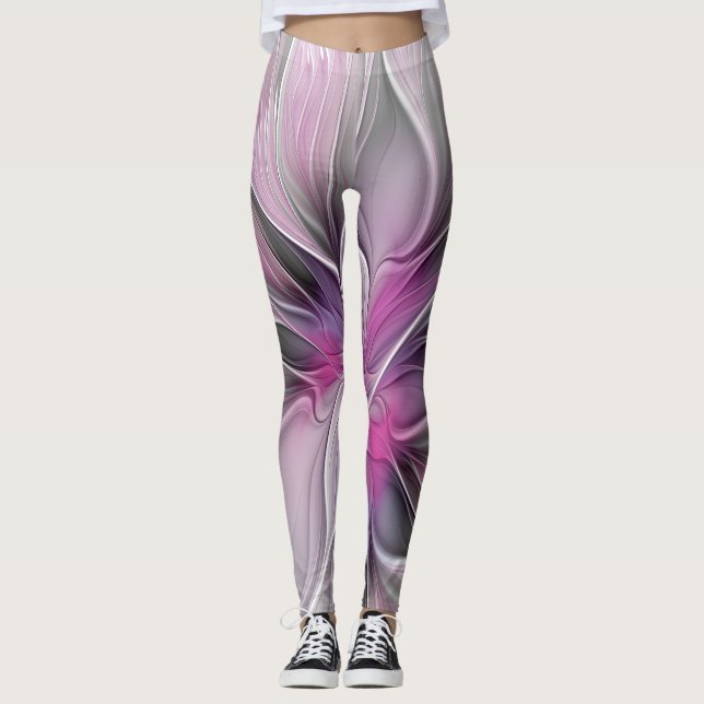 Leggings Fractal Floral Moderne Abstrait Fleur Rose Gris (Devant)