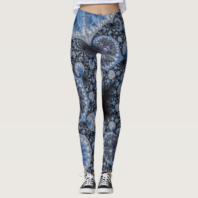 Leggings Fractale Intriquée Bleue et Noire Abstraite (Devant)