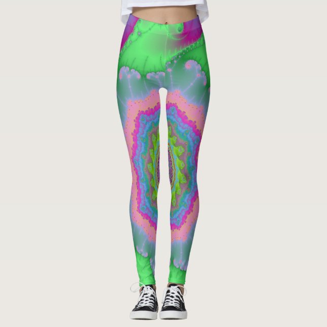 Leggings Fractale verte et pêche colorée (Devant)