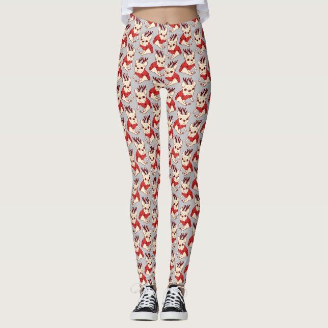 Leggings Frenchie crème dans le chandail de Noël (Devant)