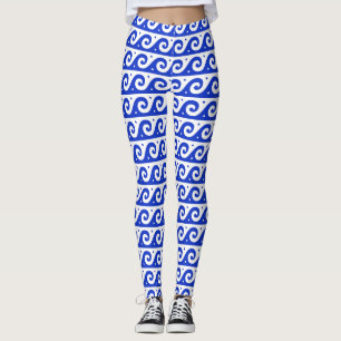 Leggings Fret grec, Motif d'onde méditerranéen, Bleu