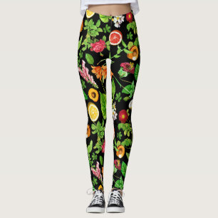 Leggings Fruits And Leaves Pattern On Black