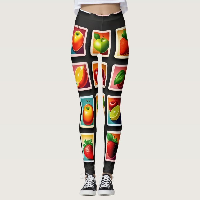 Leggings Fruits en boîte carrée Motif vert rouge (Devant)