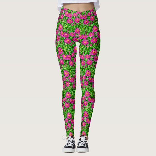 Leggings Fuchsia Fleurs sauvages roses dans un champ (Devant)