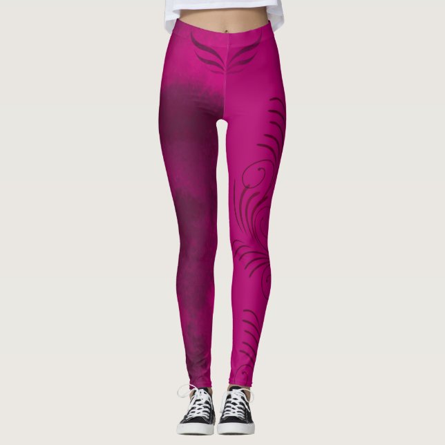 Leggings Fuchsia rose et mélange noir/Motif/spirale/ailes (Devant)