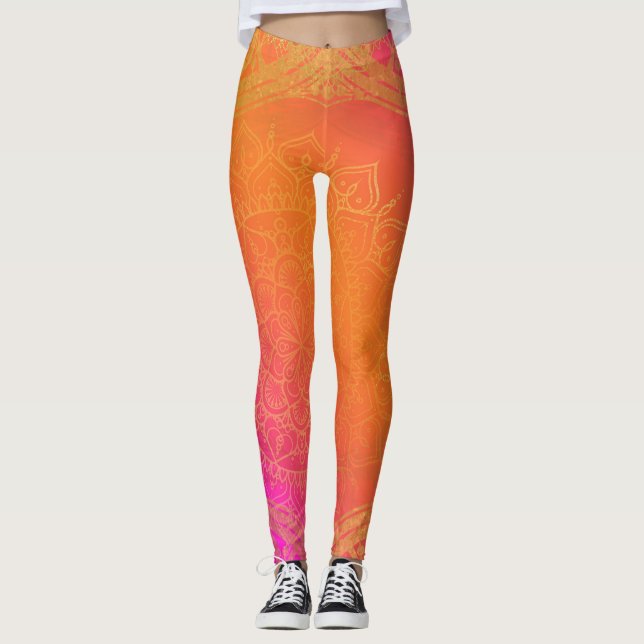 Leggings Fuchsia Rose Orange Et Or Indien Mandala Glam (Devant)