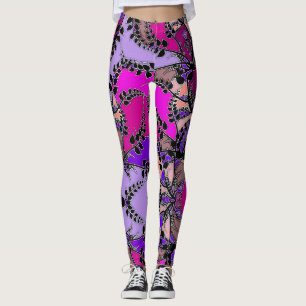 Leggings Fuchsia rose violet lavande noir Feuilles Abstrait