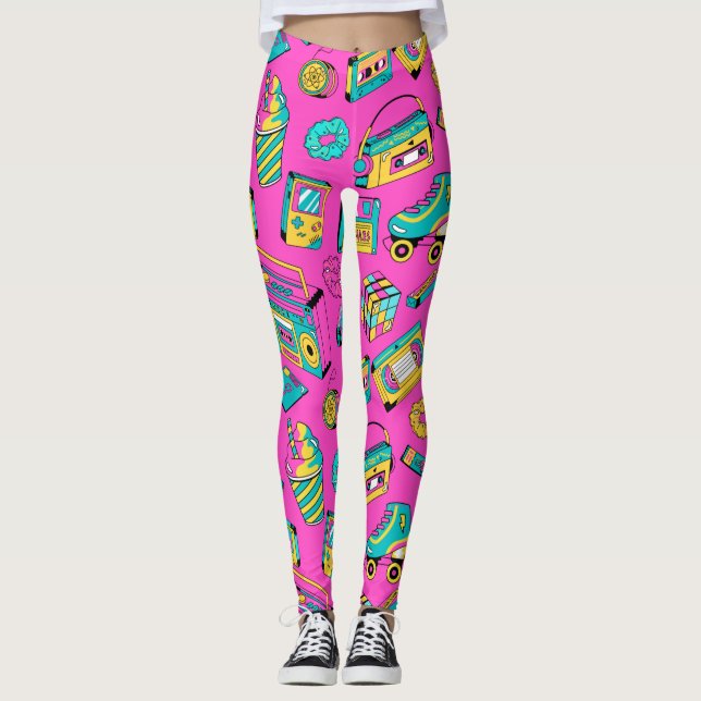 Leggings Fun 80s Girly Colorful Retro brillant Neon rose (Devant)