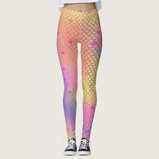 Leggings Fun Pastel rose et orange sirène Motif (Devant)
