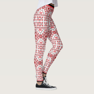 Leggings Fun Red Black Nordic Fair Isle Snowflake Motif
