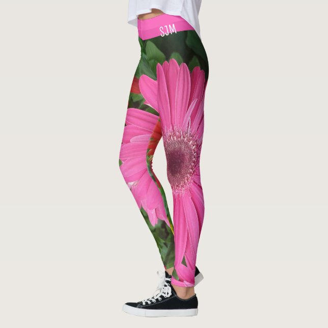 LEGGINGS FUN ROSE ROUGE GERBERA FLEURS DAISON FLORAL INITIA (Gauche)