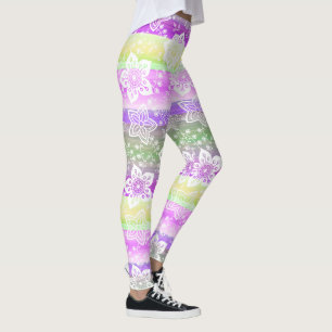 Leggings Funky Floral Purple Lime Green Stripes Motif