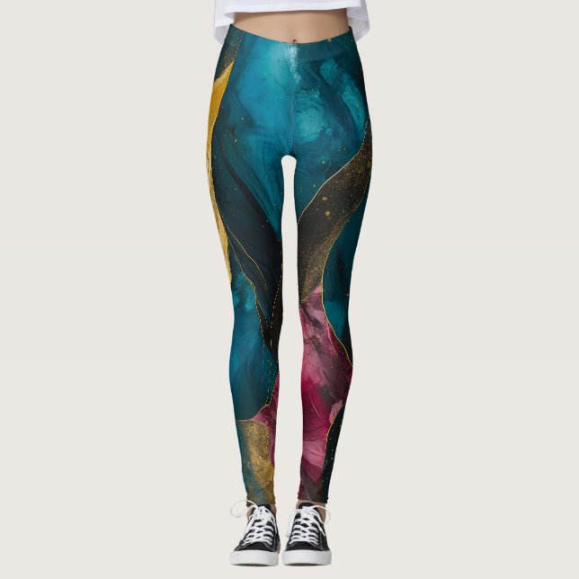 Leggings Fusion de marbre sarcelle et or de minuit (Devant)