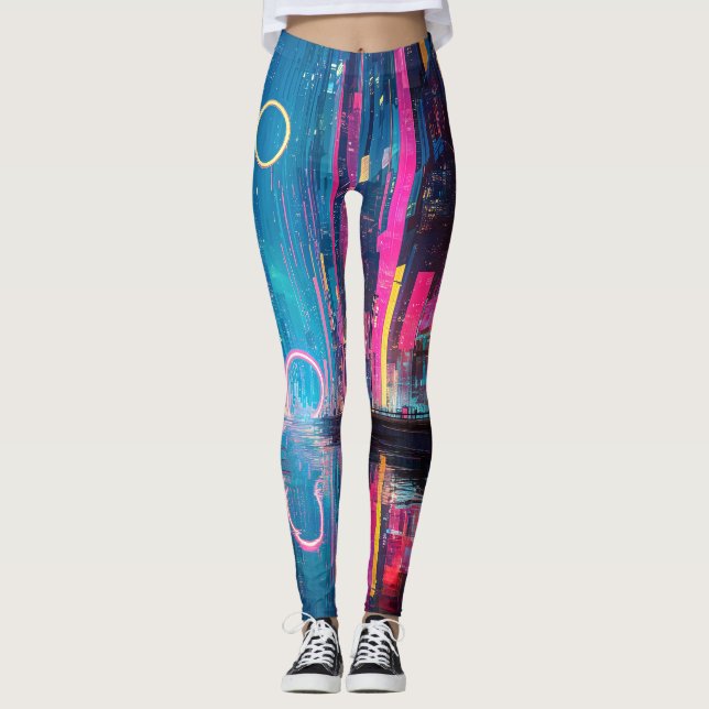 Leggings Futuristic Vibrant Neon Night Cityscape (Devant)