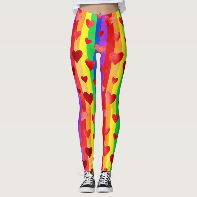 Leggings Gay pride Valentine Coeurs et rayures arc-en-ciel (Devant)