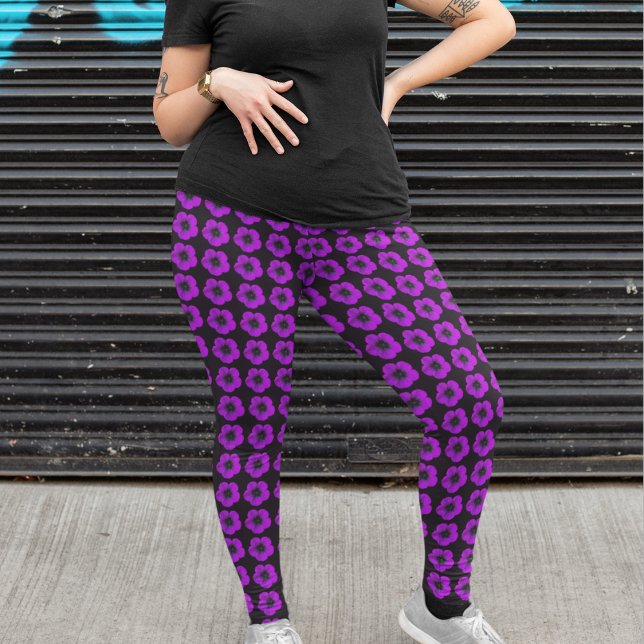 Leggings Géranium Pourpre sur Motif Floral Noir (In Situ)
